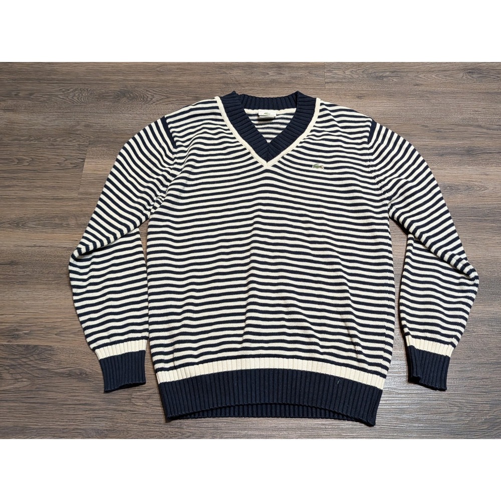 Lacoste Mens V-Neck Sweater Size 4 Navy Blue White Striped Made in France Logo